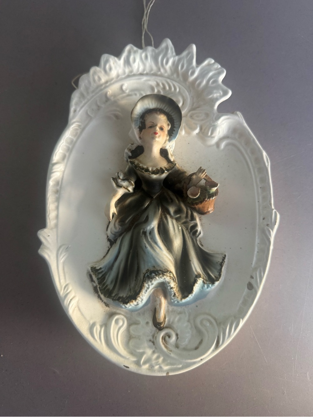 Vintage 3D Porcelain Wall Plaque with Lady Figurine - Black & White